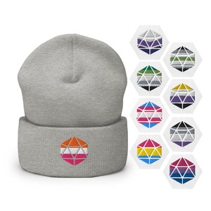 Roll With Pride d20 Polyhedral Dice Dungeons and Dragons Embroidered Beanie Hat | Lesbian Bisexual Transgender Ace LGBTQIA Queer