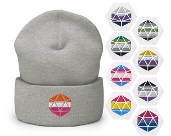 Roll With Pride d20 Polyhedral Dice Dungeons and Dragons Embroidered Beanie Hat | Lesbian Bisexual Transgender Ace LGBTQIA Queer