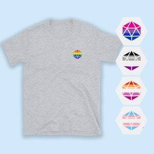 Roll With Pride d20 Polyhedral Dice Dungeons and Dragons T-Shirt Tee Shirt Top | Gay Lesbian Bisexual Transgender Ace LGBTQIA Queer