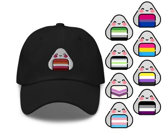 Onigiri Pride Embroidered Dad Hat Baseball Cap | Gay Lesbian Bisexual Trans Ace LGBTQIA Queer Cute Kawaii Japanese Sushi Food Asian Japan