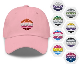 Roll With Pride d20 Polyhedral Dice Dungeons and Dragons Embroidered Dad Hat Baseball Cap | Gay Lesbian Bi Trans Ace Aro NB Pan Queer DnD