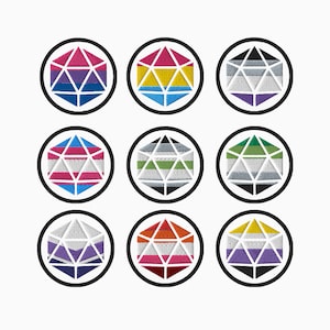 Roll With Pride d20 Polyhedral Dice Dungeons and Dragons Embroidered Patch | Lesbian Bisexual Transgender Ace LGBTQIA Queer