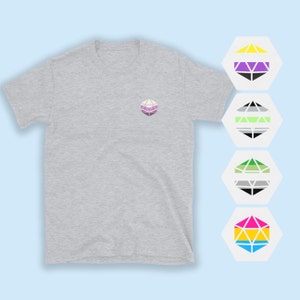 Roll With Pride d20 Polyhedral Dice Dungeons and Dragons T-Shirt Tee Shirt Top | Pansexual Aromantic Agender Non Binary LGBTQIA Queer