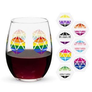 Roll With Pride Stemless Wine Glass | d20 Polyhedral Dice Dungeons and Dragons | Gay Lesbian Bi Trans Ace Aro NB Pan Queer DnD