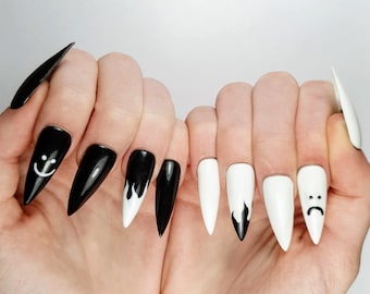 images Black And White Acrylic Nails With Smiley Face happy face nails etsy