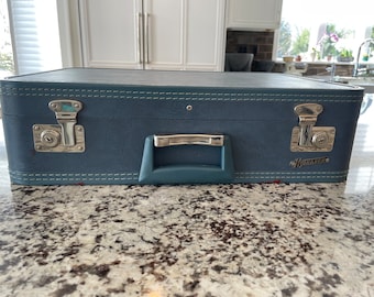 Vintage 1960s Luggage, Monarch Blue Hard Shell Suitcase, midsize 21”X 16”X 6” .