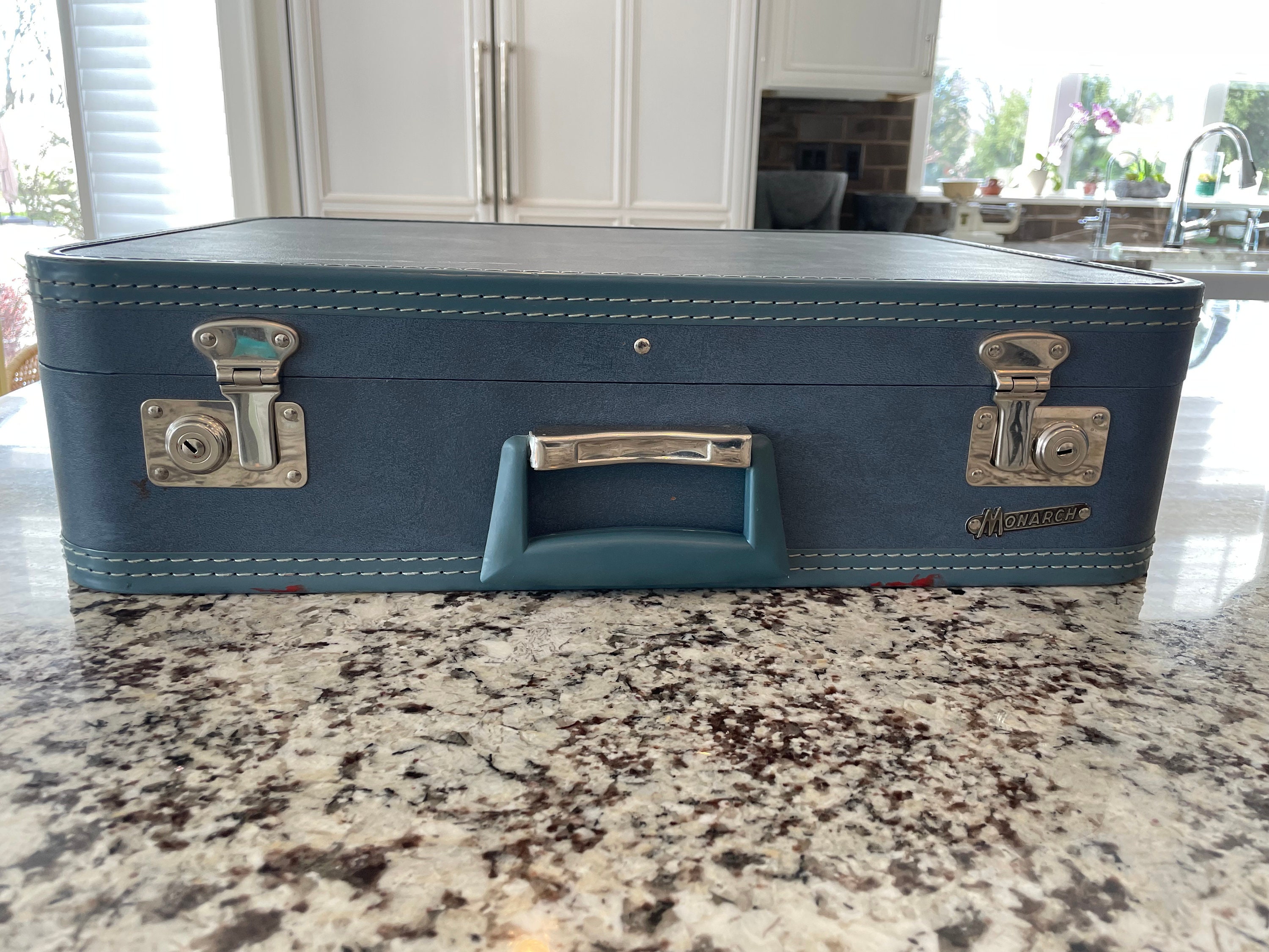 Vintage 1960s Luggage, Monarch Blue Hard Shell Suitcase, midsize 21”X 16”X 6” .