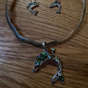 Matching Dolphin Multicolored Rhinestone Necklace and Earring Set