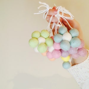 May include: A set of pastel colored felt ball ornaments with white felt centers. The ornaments are strung together with white string and are tied in a knot at the top.