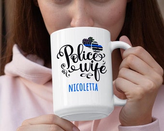 Appreciative Law Enforcement Gift for Her Personalized White Coffee Mug - Police Wife with Black Lettering and Hearts