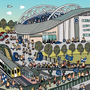 May include: A cartoon illustration of a stadium with a crowd of people in blue and white clothing. The stadium is surrounded by trees and a train track. There is a train on the track.