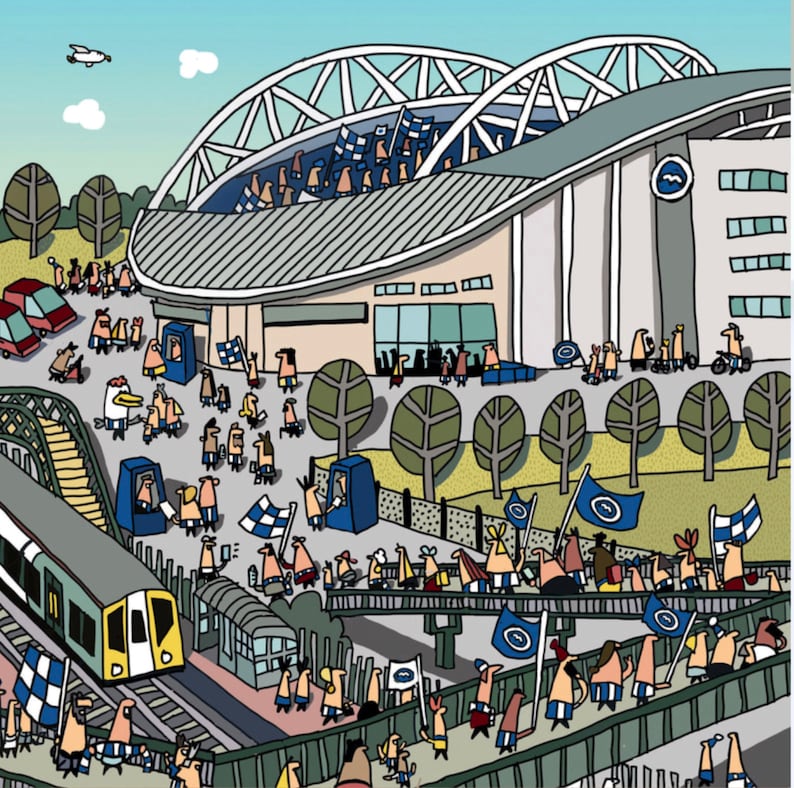 May include: A cartoon illustration of a stadium with a crowd of people in blue and white clothing. The stadium is surrounded by trees and a train track. There is a train on the track.