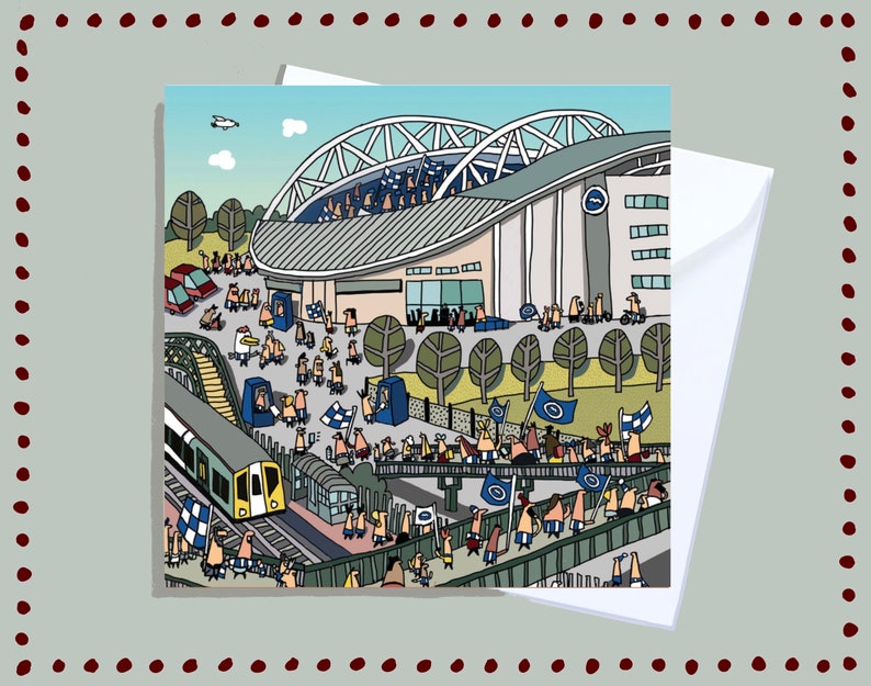 May include: A cartoon illustration of a stadium with a crowd of people in blue and white clothing. There is a train in the foreground and a bridge with people walking on it. The stadium has a large archway and a sign with a blue circle and a white letter C.