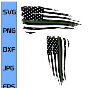 May include: A distressed American flag with a thin green stripe across the middle. The flag is black and white with a green stripe.