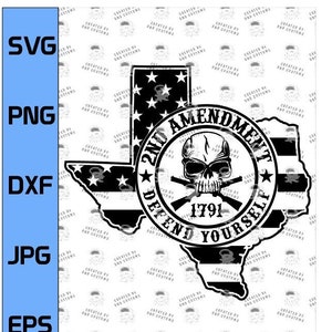 May include: A black and white digital design featuring a skull and crossbones with the text "2nd Amendment Defend Yourself 1791" inside a circle. The design is superimposed on an outline of the state of Texas with an American flag pattern.