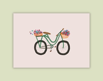 Greeting card Flower bicycle - Birthday card - Thank you card - Illustration - Girlfriend card - Postcard A6 - postcard