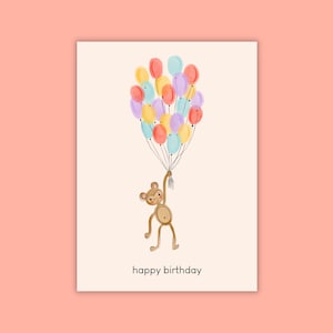 Tarjeta de felicitación Mono con Globos - Tarjeta de Cumpleaños Infantil - Postal con ilustración - Tarjeta de animal - Tarjeta A6 - postal de cumpleaños