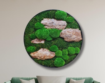 Round Moss Wall Art with Natural Bark | Modern Steel Frame Decor | Preserved Moss Wall Hanging | Minimalist Green Wall Decor | Loft decor