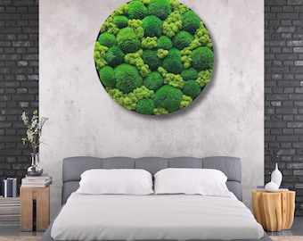 Round Moss Wall Art | Reindeer & Pillow Moss 3D Panel in Metal Frame | Minimalist Zero Maintenance Decor