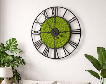 Large Wall Clock, Preserved Moss clock, Loft clock, Modern wall clock, Retro clock, Eco clock, Metal clock, Unique wall clock, Uhr mit Moos