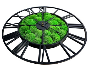 Large Wall Clock, Preserved Moss clock, Loft clock, Modern wall clock, Retro clock, Moss art, ball moss, Metal clock, Unique wall clock