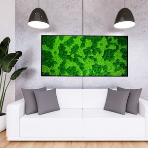 Op de afbeelding: Een rechthoekig wandkunstwerk met een dichte opstelling van geconserveerd groen mos in verschillende tinten, ingesloten in een dunne zwarte lijst. Het mos vertoont een getextureerd, organisch oppervlak met bosgroene en limoengroene tinten.