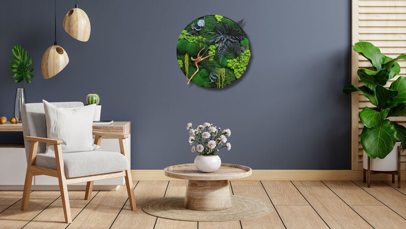 a painting with moss and plants stabilized in a metal frame. Metal wall art. Decoration for bathroom, spa. Picture for the bathroom. Green painting on moss walls. Moss art. a calming painting for the living room. decorations for the yoga room.