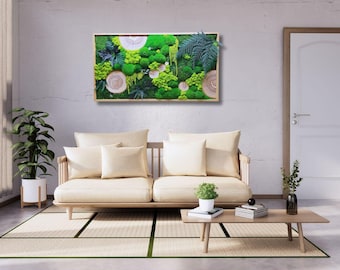 Handmade moss wall art, Frame with moss, fern and walnut wood. Floor wall art
