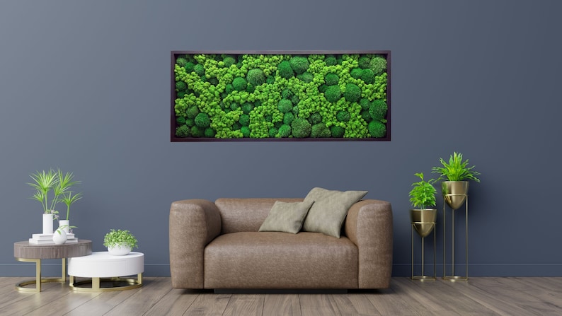 Op de afbeelding: Een rechthoekig wandkunstwerk met een dichte compositie van geconserveerd groen mos in diverse tinten en texturen, gevat in een donkerbruine lijst. Het mos toont een mix van ronde kussentjes en plattere, varenachtige bladvormen.