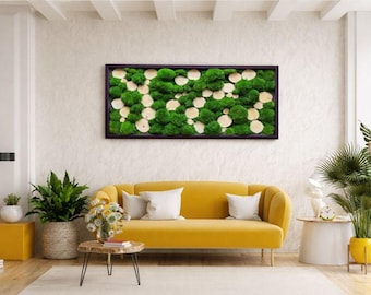 Moss wall art, Moss frame, Preserved Moss Art Framed, Big Large Frame with pillow moss ball moss, Wood discs, Living Moss Wall Art,