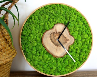 Large Wall Clock, Wood clock, Preserved Moss Wall clock, Modern wall clock, Retro clock, Moss art, walnut clock, Moss ball, Home Decor