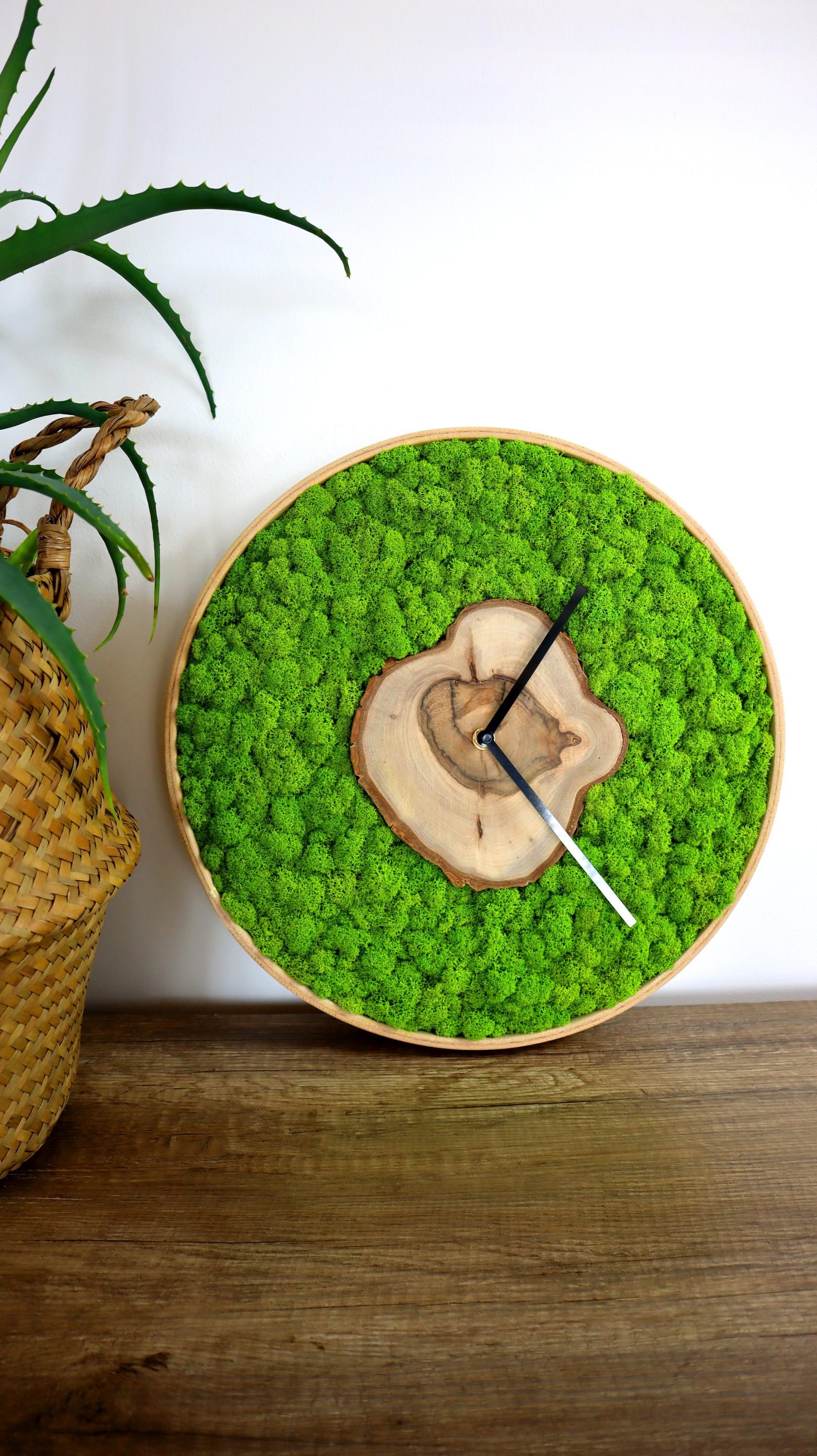 Large Wall Clock, Wood clock, Preserved Moss Wall clock, Modern wall clock, Retro clock, Moss art, walnut clock, Moss ball, Home Decor