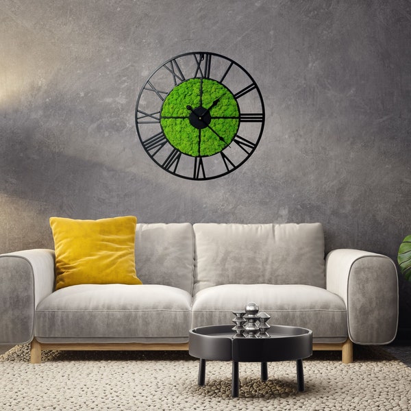 Large Wall Clock, Preserved Moss clock, Loft clock, Modern wall clock, Retro clock, Eco clock, Metal clock, Unique wall clock, Uhr mit Moos