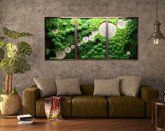 Handmade 3 piece wall art with moss, Home decor, Large Picture with moss, Green wall art, Transform Your Space into a Green Oasis
