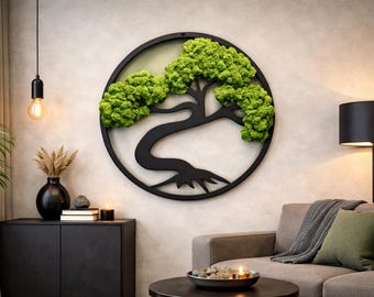 Bonsai Moss Wall Art – Reindeer Moss, Wooden Bonsai Decor, Round Wall Hanging, Natural Home Decor, reindeer moss decor
