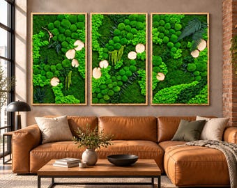 Set of 3 Preserved Moss Wall Art Panels with Ferns and Wood Slices, Green Botanical Wall Decor, Moss Frames, Preserved moss pictures
