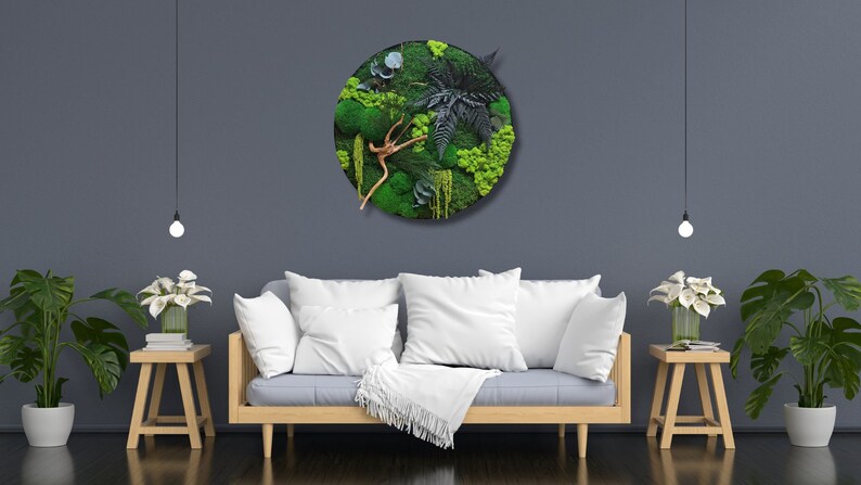 Elevate your walls with round green art. Scandinavian-inspired designs crafted with moss, ferns, and other stabilized plants. Perfect for home, office, spa, or hotel decor. Bring vertical garden vibes to your interiors with these eco-friendly