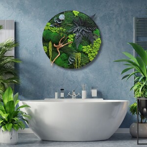 Fern & preserved moss wall art, Round greenery wall hanging home decor, Living plant circle panel, preserved moss round frame