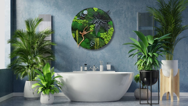 Fern & preserved moss wall art, Round greenery wall hanging home decor, Living plant circle panel, preserved moss round frame