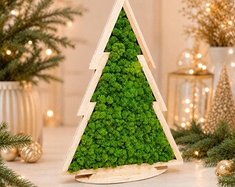 Handmade Wooden Slat Christmas Tree with Stabilized Reindeer Moss | Natural Minimalist Holiday Décor | Rustic Christmas Decoration