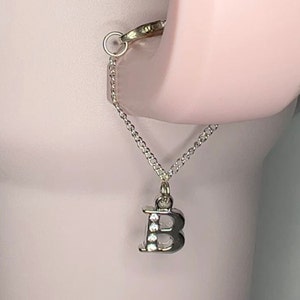 May include: A silver chain with a silver letter B charm with clear rhinestones. The chain is attached to a silver hoop earring.