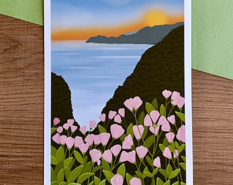 Poster Sunset landscape and flower - A5 and A4 - Poster - illustration - mountain landscape - illustration poster