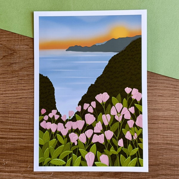 Affiche Paysage couché de soleil et fleur - A5 et A4 - Poster - illustration - paysage de montagne - affiche illustration