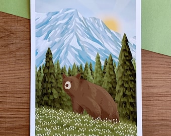 Poster Brown bear in the forest at the foot of the mountains - A5 and A4 - Poster - Illustration - Bear poster - mountain landscape - illustration