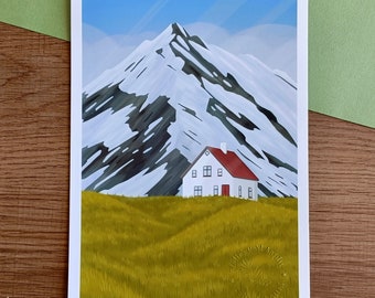 Affiche Maison au pied des montagnes - A5 et A4 - Poster - illustration - Affiche montagne - paysage de montagne - affiche illustration