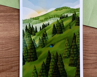 Affiche Mini Cabane au cœur de la montagne - A5 et A4 - Poster - Illustration -Affiche montagne - paysage de montagne - affiche illustration