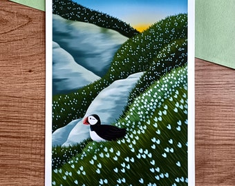 Puffin in the flowers poster - A5 and A4 - Poster - illustration - puffin illustration - poster illustration - flower