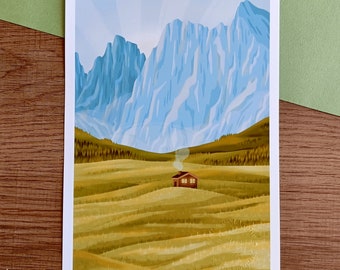 Affiche Cabane au pied des montagnes - A5 et A4 - Poster - Illustration -Affiche montagne - paysage de montagne - affiche illustration