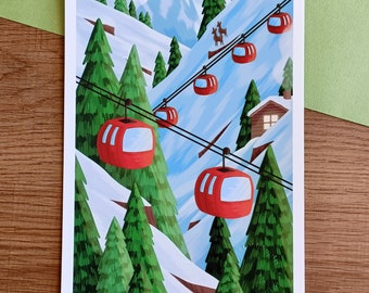 Affiche Téléphériques rouges et montagne enneigée - A5 et A4 - Poster - Illustration - affiche montagne - paysage de montagne