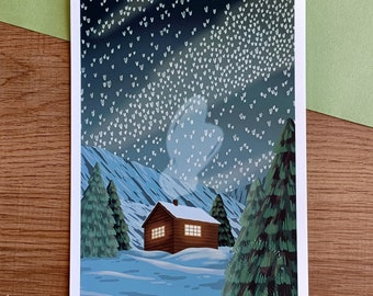 Affiche Cabane sous les étoiles - A5 et A4 - Poster - Illustration - illustration montagne - paysage de montagne - affiche illustration